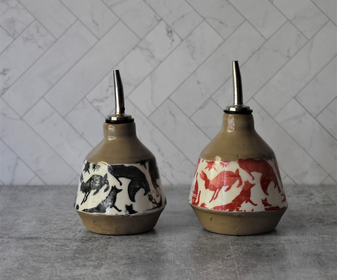 Handmade Ceramic Olive Oil Dispenser: Rustic Kitchen Cruet Set - red
