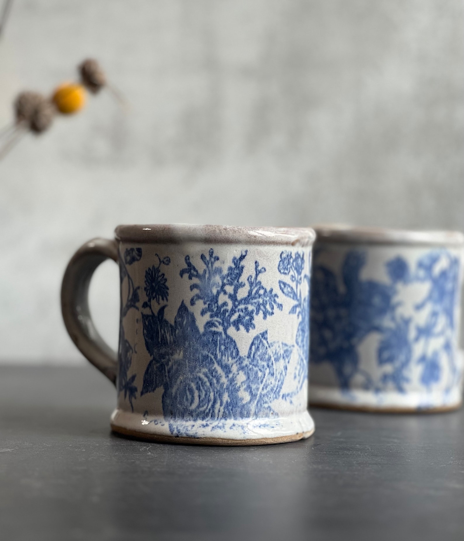 handmade blue floral ceramic mug, large stoneware pottery coffee mug - one mug