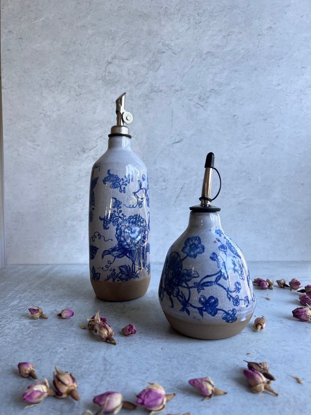Floral Blue Ceramic Oil Bottle Housewarming Gift Olive image