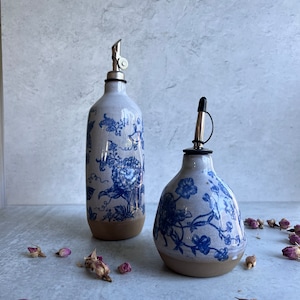 Floral Blue Ceramic oil bottle, Housewarming gift, olive oil bottle, Oil cruet, wedding gift