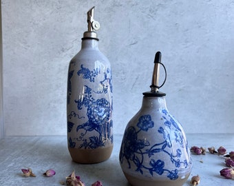 Floral Blue Ceramic oil bottle, Housewarming gift, olive oil bottle, Oil cruet, wedding gift