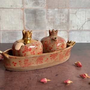 Ceramic Pomegranate sugar bowl and creamer set with tray image 3