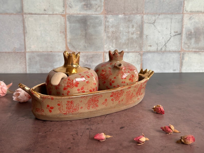 Ceramic Pomegranate sugar bowl and creamer set with tray image 3
