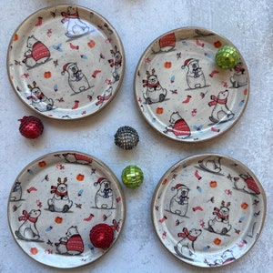 Christmas dessert plate set, set of four ceramic plates, handmade ceramics