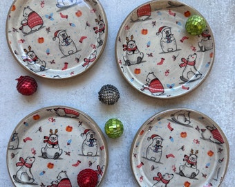 Christmas dessert plate set, set of four ceramic plates, handmade ceramics