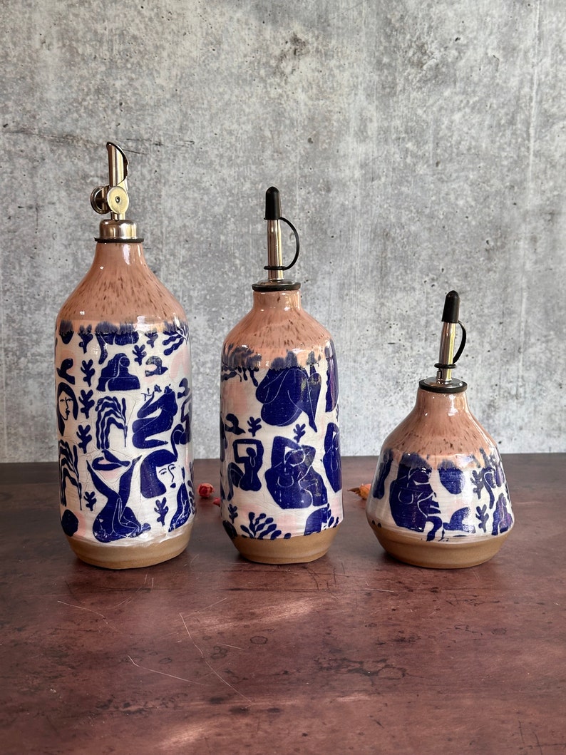 Large Ceramic oil bottle, olive oil bottle, Oil cruet, wedding gift, Matisse inspired dancing ladies set of all three