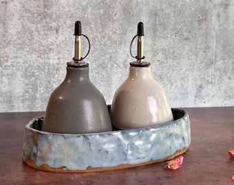 Oil and vinegar set with tray, Housewarming gift, handmade stoneware