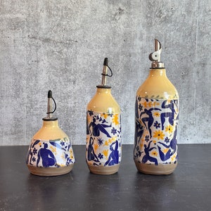 Limited addition Large Ceramic oil bottle, Matisse inspired dancing ladies yellow and blue image 1