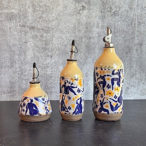 Limited addition Large Ceramic oil bottle, Matisse inspired dancing ladies yellow and blue