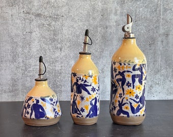 Limited addition Large Ceramic oil bottle, Matisse inspired dancing ladies yellow and blue