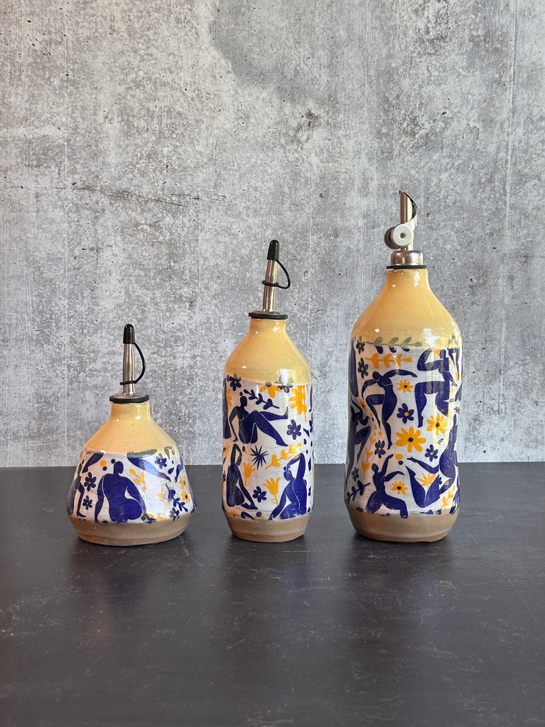 Limited addition Large Ceramic oil bottle, Matisse inspired dancing ladies yellow and blue image 1