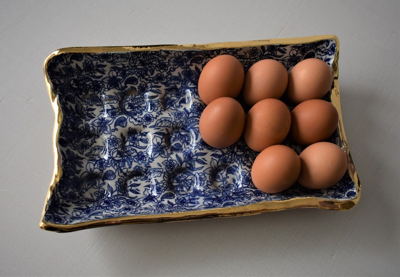 Blue and gold ceramic egg tray, housewarming gift, unique handmade gift, egg crate, deviled egg tray image 4