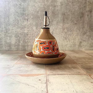 Olive oil dispenser with dish, Papaya gift for foodie , Handmade pottery, salad oil holder, ceramic olive oil bottle