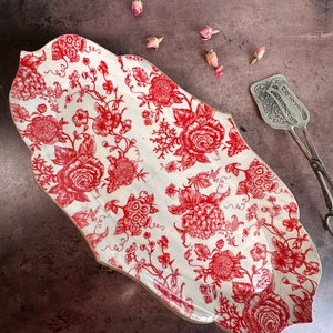 Large oval serving dish,Red floral  Ceramic platter, Handmade pottery