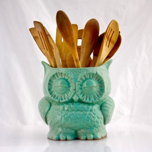 Owl Kitchen utensil holder, Choose your color, Handmade large utensil holder , made to order image 1