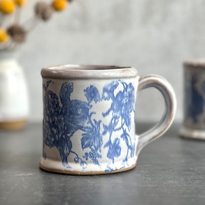 handmade blue floral ceramic mug, large stoneware pottery coffee mug