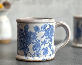 handmade blue floral ceramic mug, large stoneware pottery coffee mug