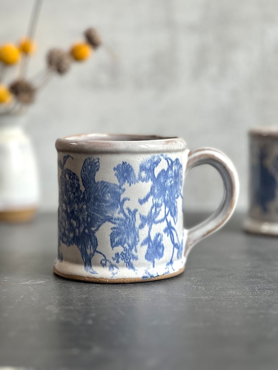 Pottery Mug, Blue Floral Mug, 12oz coffee cup
