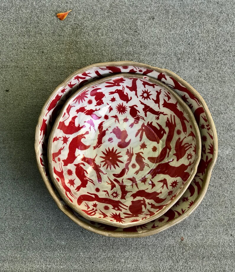 Ceramic handmade serving bowls set, Red fox