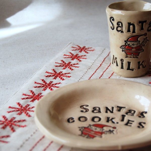Santa cookie plate and milk cup, Christmas gift.