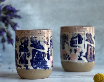 set of two ceramic cups, Matisse inspired dancing ladies, ceramic wine cup