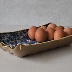 Blue and gold ceramic egg tray, housewarming gift, unique handmade gift, egg crate, deviled egg tray image 5