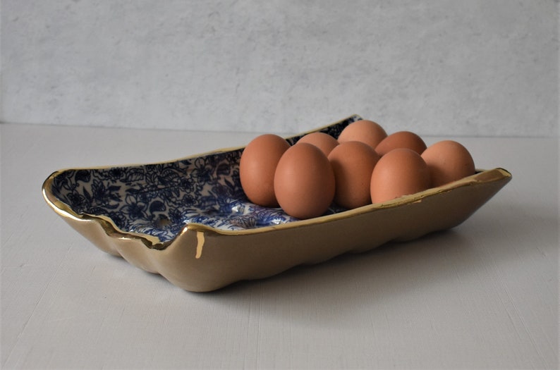 Blue and gold ceramic egg tray, housewarming gift, unique handmade gift, egg crate, deviled egg tray image 5