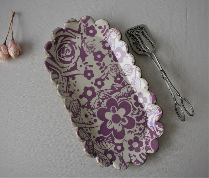 Oval serving platter, Oblond Ceramic dish, Appetizer dish, handmade pottery, housewarming gift violet