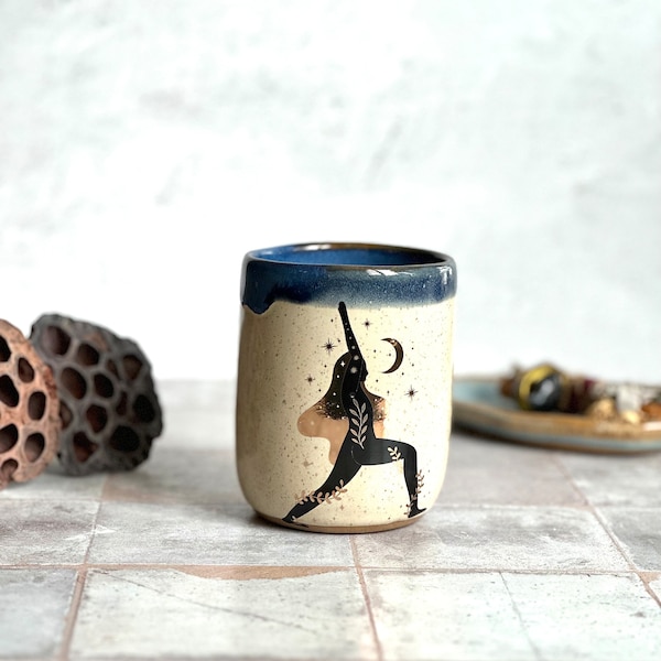 Handmade stoneware yoga poses mug.MADE TO ORDER