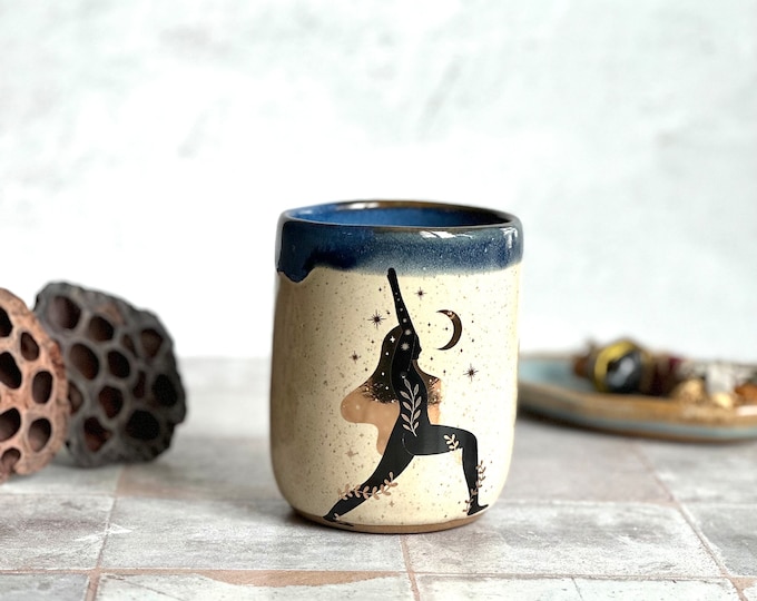 Handmade stoneware yoga poses mug