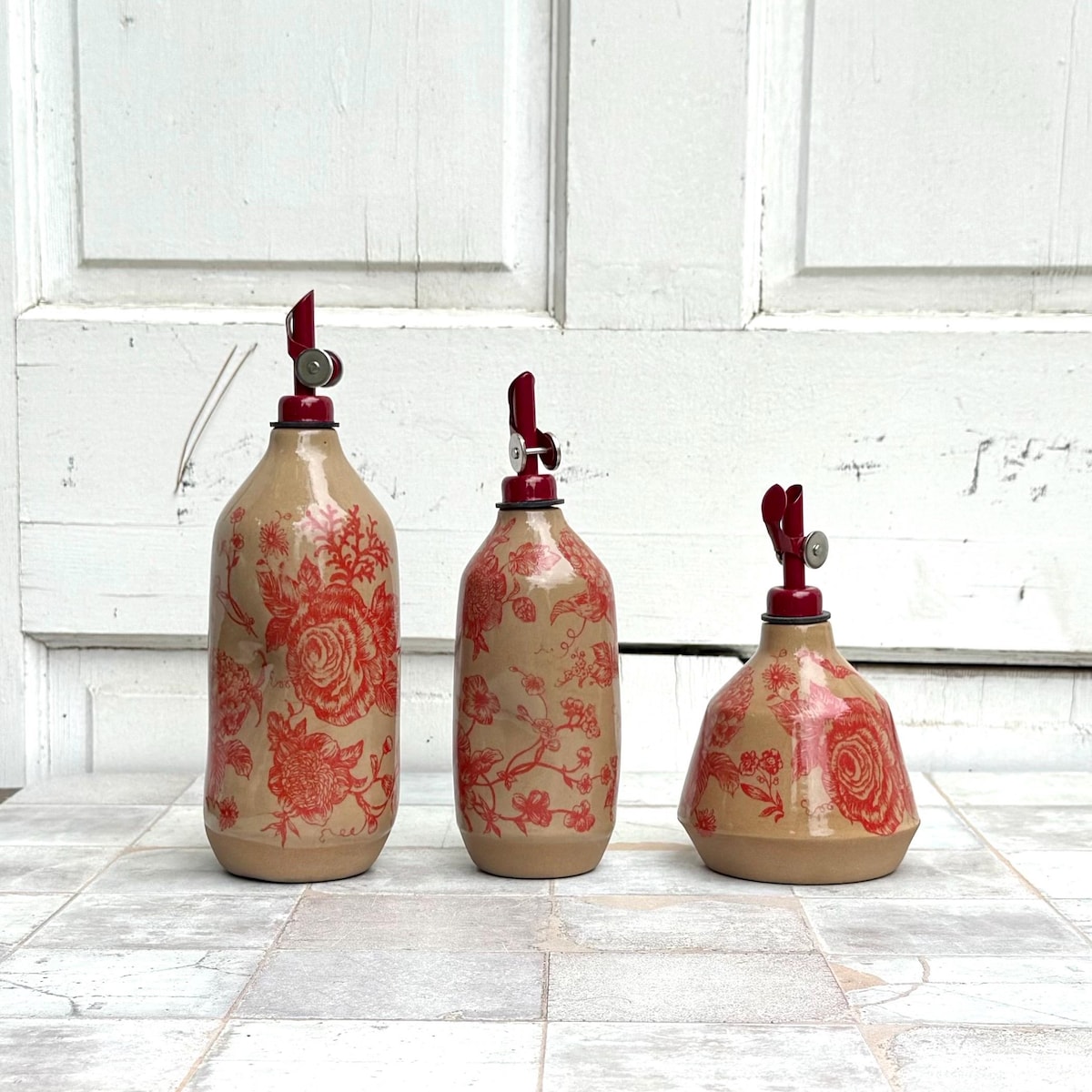Floral Red Ceramic Olive Oil Cruet: Handmade Kitchen Dispenser - Set of all three