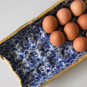 Blue and gold ceramic egg tray, housewarming gift, unique handmade gift, egg crate, deviled egg tray