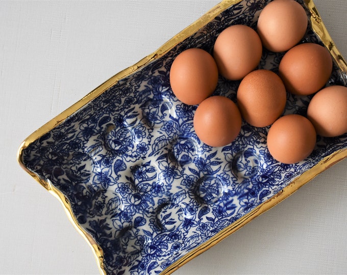 Blue Floral Ceramic Egg Tray Handmade 18-Egg Crate