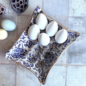 dozen egg tray,  Blue and gold ceramic egg tray,  handmade pottery,  egg crate, deviled egg tray