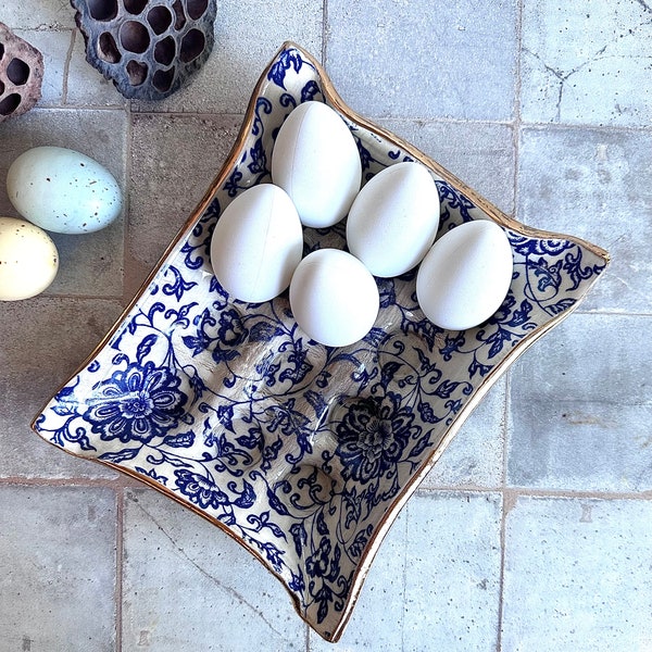 ceramic egg holder Blue Floral with gold Design