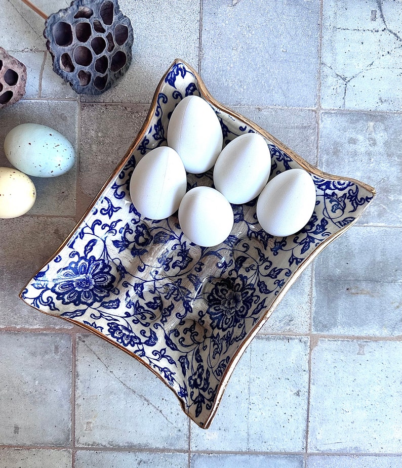 dozen egg tray, Blue and gold ceramic egg tray, handmade pottery, egg crate, deviled egg tray