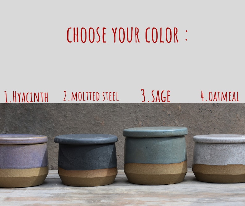 Peut inclure: Quatre pots en c&eacute;ramique avec couvercles, chacun d'une couleur diff&eacute;rente : jacinthe, acier mouchet&eacute;, sauge et avoine. Les pots ont un design bicolore, avec une base marron clair et un dessus color&eacute;. Le texte "CHOISISSEZ VOTRE COULEUR" est au-dessus des pots.