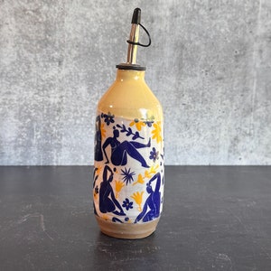 Limited addition Large Ceramic oil bottle, Matisse inspired dancing ladies yellow and blue medium