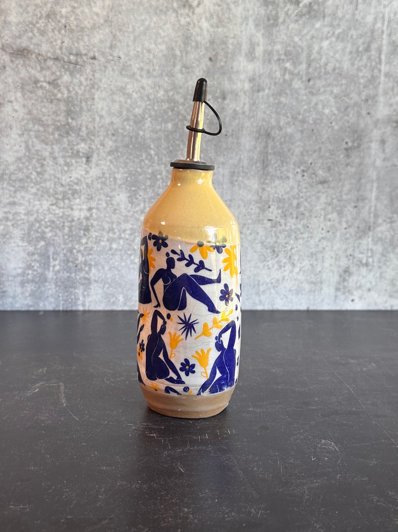 Limited addition Large Ceramic oil bottle, Matisse inspired dancing ladies yellow and blue medium