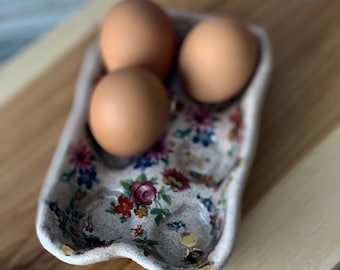 Handmade Floral Ceramic 6 Egg Tray, 24k Gold Accent