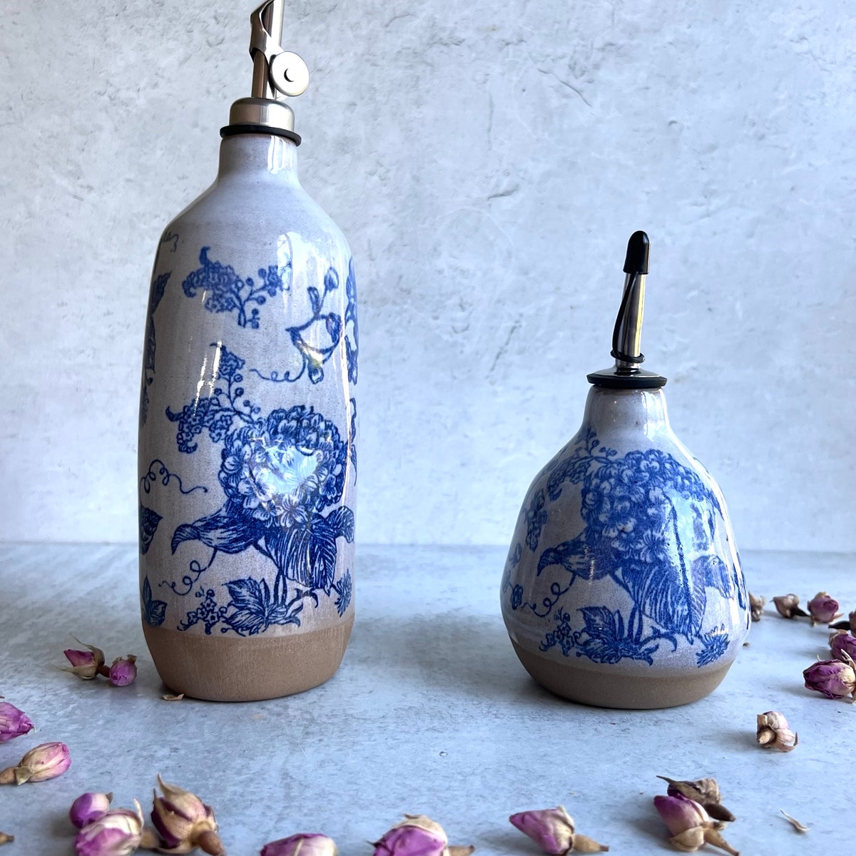 Floral Blue Ceramic Oil Bottle, Housewarming Gift, Olive Oil Bottle, Oil Cruet, Wedding Gift - Etsy