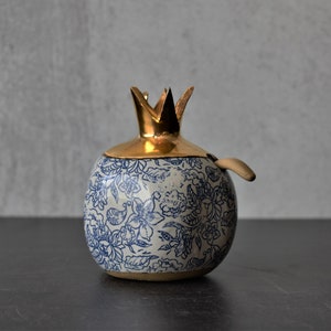 pomegranate sugar bowl , ceramic sugar bowl with gold lid, handmade pottery