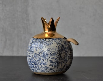 pomegranate sugar bowl , ceramic sugar bowl with gold lid, handmade pottery