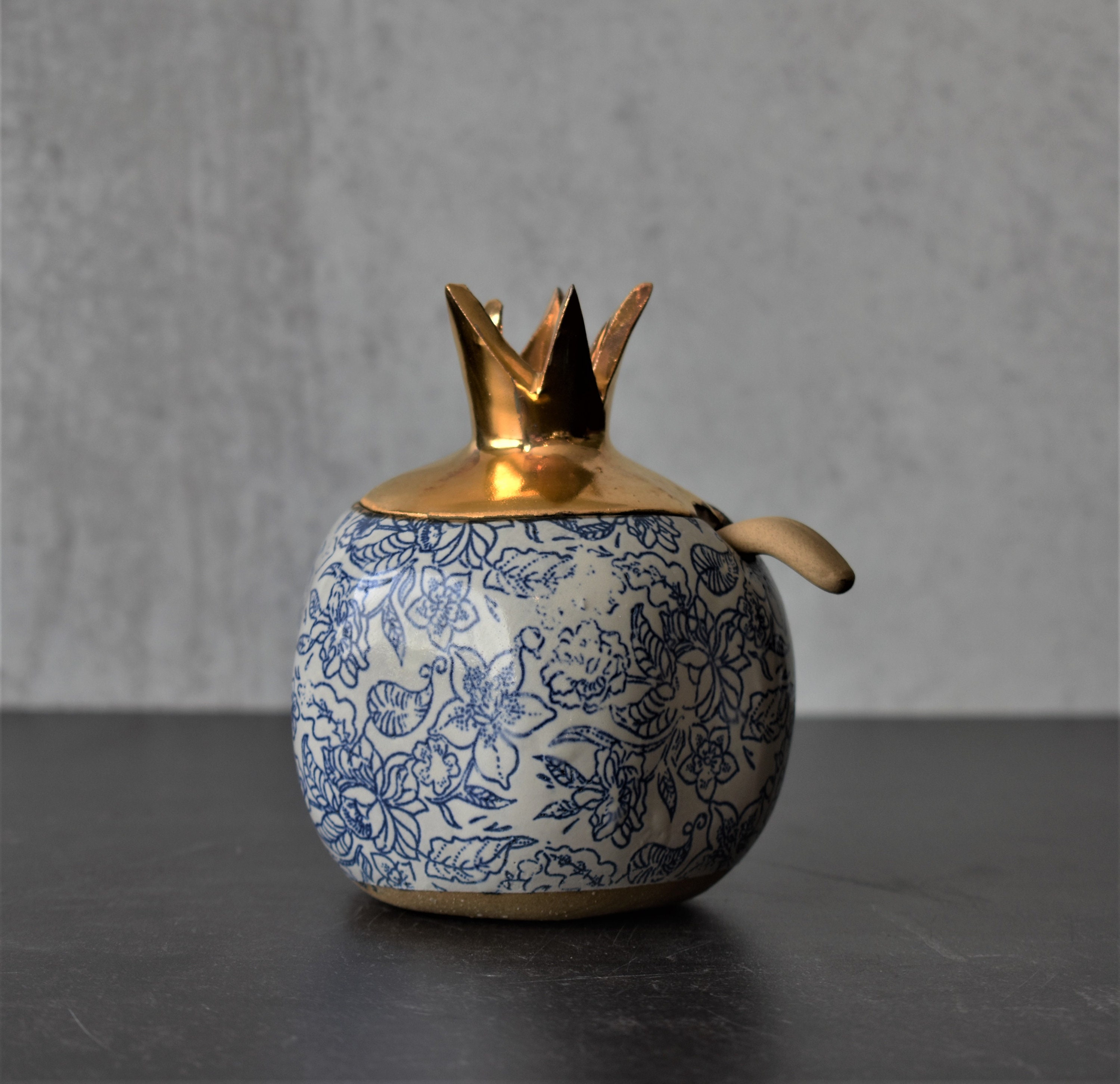 Sucrier Grenade, Sucrier en Céramique avec Couvercle Or, Poterie Faite à La Main