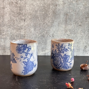 Handless Ceramic Cup Set, Chinoiserie Mug, Floral Pottery Cup, Handmade Stoneware