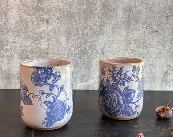 set of two ceramic cups, vintage wallpaper inspired ceramic wine cup, handmade pottery