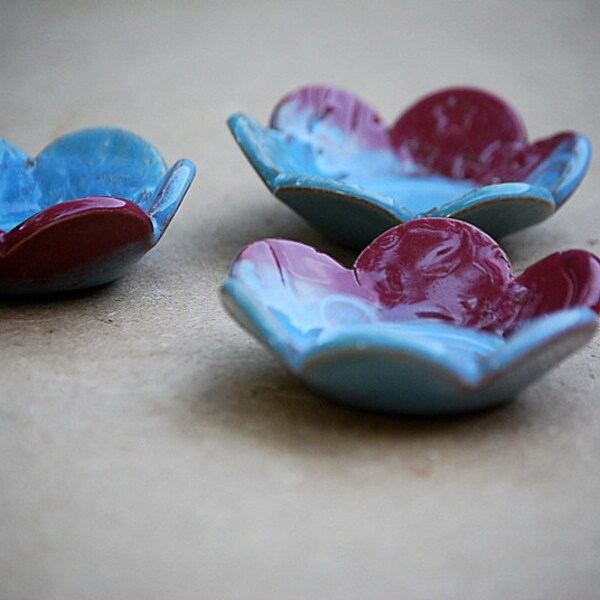 three  nesting handmade mini flower bowls in robins egg and plum