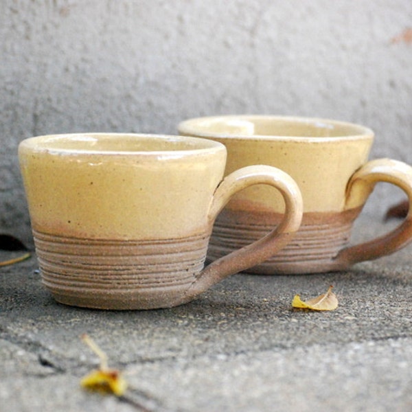 butter yellow latte mugs hand made pottery