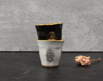 Hamsa Ceramic Espresso Cup, whiteand gold Espresso mugs, 4 oz cup, Macchiato cup, coffee lover gifts, Housewarming gift