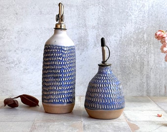 Blue carved Ceramic oil bottle, olive oil bottle, Oil cruet, wedding gift